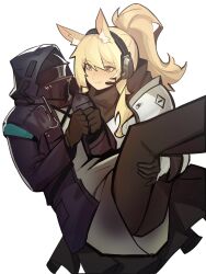 Rule 34 | 1girl, 1other, absurdres, ambiguous gender, animal ears, arknights, armor, black coat, black gloves, black pants, black scarf, blonde hair, blush, breastplate, carrying, closed mouth, coat, commission, distr, doctor (arknights), embarrassed, gloves, hand on another&#039;s leg, headset, high ponytail, highres, hood, hood up, hooded coat, horse ears, horse girl, implied extra ears, long hair, long sleeves, looking at another, mask, nearl (arknights), pants, pauldrons, ponytail, princess carry, scarf, shoulder armor, simple background, smile, white background, yellow eyes