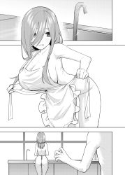Rule 34 | 1boy, 1girl, apron, ass, bare back, bare legs, bent over, blush, breasts, cleavage, collarbone, go-toubun no hanayome, greyscale, groin, hair between eyes, highres, huge breasts, kosmos beta, large breasts, leaning forward, long hair, looking at viewer, monochrome, nakano miku, naked apron, no bra, no panties, open mouth, sideboob, thighs, washing dishes