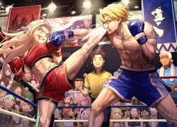 Rule 34 | blue gloves, boxing gloves, boxing ring, commentary request, dimitri alexandre blaiddyd, edelgard von hresvelg, fire emblem, fire emblem: three houses, gloves, highres, kickboxing, moyashi mou2, multiple boys, multiple girls, muscular, muscular female, muscular male, nintendo, red gloves