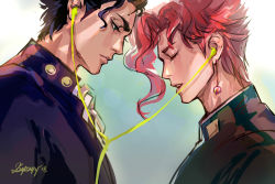 Rule 34 | 2boys, asymmetrical hair, black hair, closed eyes, closed mouth, commentary, earphones, earrings, english commentary, facing another, from side, gakuran, gradient background, green eyes, jewelry, jojo no kimyou na bouken, kakyoin noriaki, kuujou joutarou, looking at another, male focus, multiple boys, open mouth, pink hair, profile, school uniform, shared earphones, short hair, signature, simple background, sketch, stardust crusaders, teeth, upper body, upper teeth only, yaoi, zzyzzyy