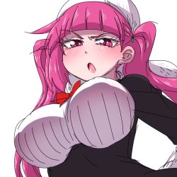 Rule 34 | 1girl, bleach, blush, breasts, dokugamine riruka, hanya (hanya yashiki), hat, large breasts, long hair, looking at viewer, open mouth, pink eyes, pink hair, shiny skin, simple background, solo, tsundere, twintails, upper body