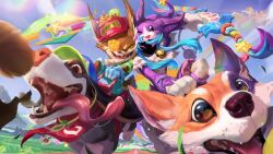Rule 34 | 1girl, 2boys, :d, absurdres, animal, animal costume, bell, body fur, bow (weapon), cats vs dogs kindred, cats vs dogs kled, corgi corki, corki, dog, dog costume, eyepatch, faceless, faceless female, flying, gloves, green hair, highres, holding, holding bow (weapon), holding weapon, kindred (league of legends), kled, kog&#039;maw, lamb (league of legends), league of legends, long hair, long sleeves, looking at viewer, multiple boys, neck bell, official art, open mouth, pajamas, pink eyes, pug&#039;maw, rainbow, red headwear, running, sharp teeth, short sleeves, smile, star (symbol), teeth, tongue, weapon