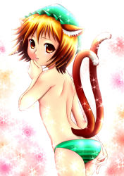 Rule 34 | 1girl, animal ears, bad id, bad pixiv id, brown eyes, brown hair, cat ears, cat girl, cat tail, chen, female focus, flat chest, hat, koibumi, multiple tails, panties, short hair, solo, striped clothes, striped panties, tail, topless, touhou, underwear