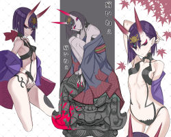 Rule 34 | 1girl, bare shoulders, bob cut, breasts, fate/grand order, fate (series), headpiece, highres, honjou raita, horns, looking at viewer, multiple views, navel, oni, purple eyes, purple hair, revealing clothes, short eyebrows, short hair, shuten douji (fate), skin-covered horns, small breasts, thighs