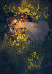 Rule 34 | 1girl, blue eyes, brown hair, closed mouth, commentary request, dress, feet out of frame, flower, grass, green theme, hand on own chest, hand up, highres, long hair, looking at viewer, lying, on back, on grass, original, potg (piotegu), red flower, red rose, rose, scenery, signature, solo, sunlight, white dress