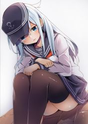 Rule 34 | 10s, 1girl, anchor symbol, black thighhighs, blue eyes, byte (allbyte), crossed arms, dutch angle, flat cap, hat, hibiki (kancolle), highres, kantai collection, long hair, long sleeves, parted lips, pleated skirt, sailor collar, school uniform, serafuku, sitting, skirt, solo, thighhighs, white hair