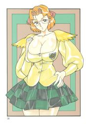 Rule 34 | 1girl, breasts, checkered clothes, checkered skirt, cleavage, collarbone, cowboy shot, female focus, glasses, hand on chest, hand on own hip, highres, huge breasts, mahou tsukai tai!, miyama mizuha, orange hair, red eyes, rippadou, school uniform, short hair, skirt, smile, solo, standing, sweater, grid background, uniform