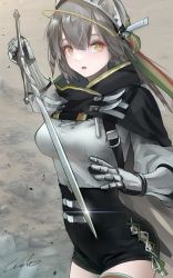 Rule 34 | 1girl, absurdres, arknights, black cape, black shorts, breasts, cape, cowboy shot, fartooth (arknights), feather hair, gauntlets, grey background, grey hair, highres, holding, holding sword, holding weapon, long hair, medium breasts, open mouth, shirt, shorts, signature, simple background, solo, sword, visor (armor), visor lift, weapon, welt (kinsei koutenkyoku), white shirt, yellow eyes