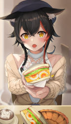 Rule 34 | 1girl, animal ear fluff, animal ears, black hair, brown cardigan, brown eyes, cardigan, coffee, commentary request, cup, food, hair between eyes, hair ornament, hat, holding, holding food, hololive, indoors, latte art, long hair, long sleeves, looking at viewer, multicolored hair, ookami mio, ookami mio (street), open cardigan, open clothes, open mouth, red hair, sandwich, saucer, shirt, sleeves past wrists, solo, sora no tori, steam, streaked hair, virtual youtuber, white shirt, wolf ears, wolf girl, x hair ornament