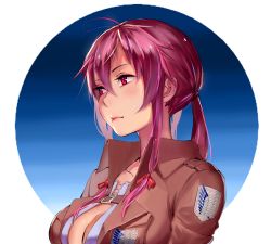 Rule 34 | 1girl, absurdres, bad id, bad pixiv id, belt, bow, breasts, brown jacket, buttons, cleavage, collarbone, eyelashes, gasai yuno, hair between eyes, hair ribbon, hair tie, highres, jacket, large breasts, long hair, long sleeves, low twintails, mirai nikki, open clothes, open jacket, pauld, pink bow, pink eyes, pink hair, pink lips, pink ribbon, pocket, ribbon, shingeki no kyojin, sidelocks, smile, solo, strap, tress ribbon, twintails, upper body, wing print