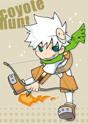 Rule 34 | 1boy, arrow (projectile), blue eyes, bow (weapon), brown footwear, brown shirt, brown shorts, circle name, crop top, fire, flaming arrow, full body, goblin mask, green scarf, grin, holding, holding bow (weapon), holding weapon, hunter (ragnarok online), jacket, kano (coyotehunt), looking at viewer, mask, mask on head, pants, pants under shorts, ragnarok online, scarf, shirt, shoes, short hair, short sleeves, shorts, smile, solo, weapon, white jacket, white pants, wristband
