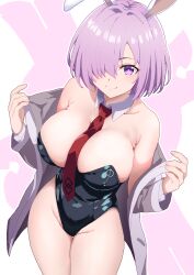 Rule 34 | 1girl, absurdres, animal ears, between breasts, black leotard, blush, bow, bowtie, breasts, covered navel, curio (curiofinity), detached collar, fake animal ears, fate/grand order, fate (series), highleg, highleg leotard, highres, jacket, large breasts, leotard, light purple hair, looking at viewer, mash kyrielight, necktie, necktie between breasts, open clothes, open jacket, playboy bunny, purple eyes, rabbit ears, rabbit tail, short hair, smile, solo, strapless, strapless leotard, tail, wrist cuffs