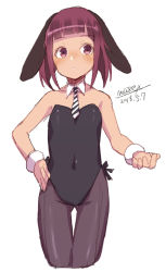 Rule 34 | 1girl, :o, animal ears, bare shoulders, black leotard, blush, brown pantyhose, collar, collarbone, dated, detached collar, diagonal-striped clothes, diagonal-striped necktie, diagonal-striped neckwear, fake animal ears, leotard, maze (gochama ze gohan), necktie, original, pantyhose, parted lips, playboy bunny, purple hair, rabbit ears, red eyes, signature, simple background, solo, strapless, strapless leotard, striped clothes, striped necktie, striped neckwear, white background, white collar, wing collar, wrist cuffs