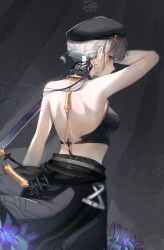 1girl absurdres arm_up backless_shirt bare_back bare_shoulders beret black_hat black_ribbon black_shirt black_skirt commentary cowboy_shot crop_top earrings english_commentary from_behind hair_ribbon hat highres holding holding_sword holding_weapon hoop_earrings izuoru jewelry long_ribbon looking_at_viewer median_furrow profile red_eyes ribbon sanhua_(wuthering_waves) shirt short_hair shoulder_blades skirt solo standing sword weapon white_hair wuthering_waves