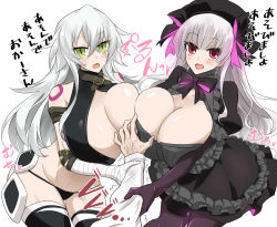 Rule 34 | 1boy, 2girls, alternate hair length, alternate hairstyle, bare shoulders, black dress, breast press, breasts, cleavage, cleavage cutout, clothing cutout, doll joints, dress, facial scar, fate/apocrypha, fate/grand order, fate (series), frilled dress, frills, gothic lolita, green eyes, jack the ripper (fate/apocrypha), joints, large breasts, lolita fashion, multiple girls, nursery rhyme (fate), aged up, oro (zetsubou girl), pantyhose, pink eyes, scar, scar across eye, scar on cheek, scar on face, shoulder tattoo, symmetrical docking, tattoo, thighhighs, thighs, translation request, white background, white hair