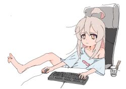 Rule 34 | 1girl, ahoge, baggy clothes, barefoot, chair, commentary, english commentary, gaming chair, hair between eyes, highres, keyboard (computer), long hair, mouse (computer), nissin cup noodle, onii-chan wa oshimai!, oversized clothes, oversized shirt, oyama mahiro, pipopainmyhouse, shirt, single bare shoulder, sitting, solo, swivel chair, white background