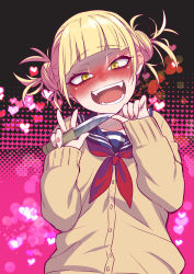 Rule 34 | 10s, 1girl, :d, blonde hair, blunt bangs, blush, boku no hero academia, bow, bowtie, cardigan, double bun, fangs, hair bun, heart, heart background, highres, knife, long sleeves, looking at viewer, minatasiro, open mouth, red bow, school uniform, serafuku, smile, solo, toga himiko, twintails, v, yandere trance, yellow eyes