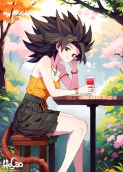 Rule 34 | 1girl, artist name, bar stool, bare shoulders, black hair, commission, day, dragon ball, flower, forest, highres, holding, jewelry, monkey tail, nature, pendant, saiyan, sitting, solo, spiked hair, stool, tail