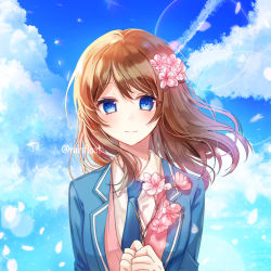 Rule 34 | 1girl, 723/nanahumi, anzu (ensemble stars!), bad id, bad pixiv id, blazer, blue eyes, blue jacket, blue necktie, blue sky, blush, branch, brown hair, closed mouth, cloud, cloudy sky, collared shirt, commentary request, day, ensemble stars!, flower, hair between eyes, hair flower, hair ornament, holding, holding branch, jacket, korean commentary, long hair, necktie, open clothes, open jacket, outdoors, petals, pink flower, shirt, sky, smile, solo, sweater vest, twitter username, white shirt