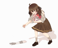 Rule 34 | 2girls, absurdres, ahoge, bandaged arm, bandages, blouse, brown footwear, brown hair, brown skirt, calf socks, colored skin, commentary, disembodied head, disembodied limb, ghett0taku, grey legwear, grey shirt, highres, holding head, hololive, hololive indonesia, kureiji ollie, leaning forward, loafers, multicolored hair, multicolored skin, multiple girls, natsuiro matsuri, natsuiro matsuri (casual), one eye closed, open mouth, pink hair, reaching, red eyes, red hair, see-through, see-through shirt, shadow, shirt, shoes, short hair, short sleeves, skirt, standing, stitches, teeth, two-tone hair, two-tone skin, upper teeth only, virtual youtuber