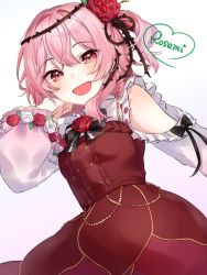 Rule 34 | 1girl, breasts, brown eyes, clothing cutout, dress, flower, hair flower, hair ornament, heart, looking at viewer, medium hair, nijisanji, nijisanji en, nnnuts2, open mouth, pink hair, plant, red dress, red flower, red rose, rose, rosemi lovelock, rosemi lovelock (1st costume), short sidetail, shoulder cutout, small breasts, smile, solo, thorns, upper body, vines, virtual youtuber