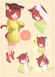 Rule 34 | !, &gt; &lt;, ^^^, androgynous, anger vein, animal ears, bell, biting, blush, boots, brown footwear, brown hair, cat ears, cat tail, chara (undertale), closed eyes, closed mouth, collar, dayuh, eyebrows, fang, flower, gender request, hair flower, hair ornament, headpat, highres, kemonomimi mode, long sleeves, looking at viewer, multiple views, neck bell, one eye closed, open mouth, red eyes, short hair, sleeves past wrists, solo focus, speech bubble, spoilers, tail, undertale