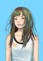 Rule 34 | 1girl, absurdres, blue background, blush, collarbone, green hair, grin, highres, junjunforever, lips, long hair, looking at viewer, messy hair, multicolored eyes, multicolored hair, original, sleeveless, smile, solo, tank top