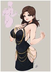 Rule 34 | 1girl, ass, black dress, breasts, brown eyes, brown hair, bunny ayumi, delux drawings, dress, gold, grey background, hand on own chest, hip vent, large breasts, lips, long hair, meme attire, modakawa dress, o-ring, smile