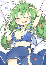 Rule 34 | 1girl, animal, arm up, blue bra, blue panties, blue shirt, blue skirt, bra, breasts, closed eyes, commentary request, cowboy shot, drooling, frog hair ornament, green hair, hair ornament, hand up, heart, kochiya sanae, long hair, lying, matsu kitsune, medium breasts, messy hair, mouth drool, on back, open clothes, open mouth, open shirt, open skirt, panties, shirt, sketch, skirt, sleeping, sleeveless, sleeveless shirt, snake, solo, sound effects, split mouth, touhou, underwear, zzz