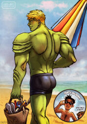 Rule 34 | 2boys, :3, alien, ass, back, bara, beach, black hair, blonde hair, blush, character request, chest hair, chibi, chibi inset, colored skin, couple, cris art, ear piercing, feet out of frame, green scales, green skin, grey male swimwear, holding, holding umbrella, hulkling, interspecies, looking at viewer, looking back, male focus, male swimwear, marvel, multiple boys, muscular, muscular male, piercing, sand, short hair, sparkle, sparkle background, sunglasses, swim briefs, thick eyebrows, topless male, turning head, umbrella, walking, wiccan, yaoi