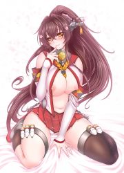Rule 34 | 10s, 1girl, bad id, bad pixiv id, bed sheet, black thighhighs, blush, breasts, brown eyes, brown hair, cherry blossoms, detached sleeves, finger to mouth, flower, hair flower, hair ornament, jewelry, kantai collection, large breasts, long hair, looking at viewer, midriff, navel, nipple slip, nipples, pleated skirt, ponytail, ring, simple background, sitting, skirt, smile, solo, suzuneko (yume no kyoukai), thighhighs, wariza, wedding band, yamato (kancolle)