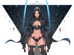 Rule 34 | 1girl, armor, artist name, bikini, bikini armor, black eyes, black hair, black thighhighs, breasts, character name, cherrylich, cleavage, copyright request, cowl, daeho cha, dual wielding, gauntlets, gluteal fold, highres, holding, holding sword, holding weapon, hood, large breasts, legwear garter, lips, looking at viewer, monster, navel, parted lips, pauldrons, serious, shoulder armor, skull, solo, swimsuit, sword, thighhighs, triangle, weapon