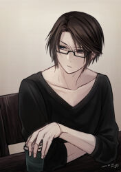 Rule 34 | 1boy, alternate costume, black shirt, blue eyes, brown hair, chair, coffee, commentary request, cup, dated, disposable coffee cup, disposable cup, drink, final fantasy, final fantasy viii, glasses, grey background, hiryuu (kana h), holding, holding cup, holding drink, long sleeves, looking to the side, male focus, on chair, rectangular eyewear, scar, scar on face, semi-rimless eyewear, shirt, short hair, signature, simple background, sitting, solo, squall leonhart, table, under-rim eyewear, v-neck, wooden chair, wooden table
