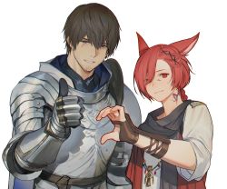 Rule 34 | 2boys, adventurer (ff14), animal ears, armor, black scarf, blue eyes, braid, braided ponytail, breastplate, brown gloves, brown hair, cat ears, elbow gloves, facial hair, facial mark, facial scar, ffxivys, final fantasy, final fantasy xiv, fingerless gloves, friend zone sign, g&#039;raha tia, gauntlets, gloves, grey shirt, hair ornament, hand up, heart hands failure, hyur, jewelry, looking at viewer, low ponytail, male focus, miqo&#039;te, multiple boys, neck tattoo, paladin (final fantasy), pendant, red eyes, red hair, scar, scar on cheek, scar on face, scarf, shirt, short hair, simple background, single braid, smile, stubble, swept bangs, tattoo, thumbs up, upper body, warrior of light (ff14), white background, x hair ornament