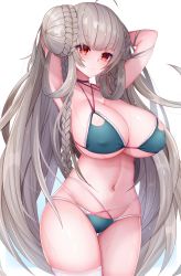 Rule 34 | 1girl, absurdly long hair, absurdres, ahoge, aqua bikini, arms behind head, azur lane, bad id, bad twitter id, bikini, blush, braid, braided bun, breasts, cameltoe, cleavage, commentary request, criss-cross halter, double bun, formidable (azur lane), formidable (the lady of the beach) (azur lane), g3 (bitgiii), hair bun, halterneck, highres, huge breasts, long hair, multi-strapped bikini bottom, multi-strapped bikini top, navel, nose blush, platinum blonde hair, red eyes, skindentation, solo, swimsuit, thigh strap, thighs, very long hair, white background