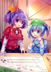 Rule 34 | 2girls, absurdres, blue eyes, blue hair, chair, commentary request, compass (instrument), diagram, eyes visible through hair, flat cap, green hat, hair bobbles, hair ornament, hat, highres, holding, holding pen, kawashiro nitori, key, kujou mikuru, layered sleeves, leaf hair ornament, long sleeves, mirror, multiple girls, onbashira, open mouth, pen, pointing, purple eyes, purple hair, radiation symbol, rope, ruler, shimenawa, short hair, short over long sleeves, short sleeves, sitting, skirt, standing, table, touhou, two side up, yasaka kanako