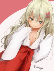 Rule 34 | 1girl, akino shuu, blonde hair, blush, bow, closed mouth, collarbone, grecale (kancolle), green eyes, hair bow, hakama, japanese clothes, kantai collection, long hair, long sleeves, miko, pink bow, red hakama, smile, solo, twitter username, wide sleeves
