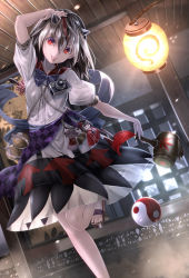 Rule 34 | 1girl, :p, barefoot, belt pouch, black bow, black bowtie, black skirt, bow, bowtie, brown hair, buttons, camera, chain, doll, grey horns, hair between eyes, hand on own head, highres, holding, horns, impossible spell card, indoors, kijin seija, lantern, leg up, light, looking at viewer, miracle mallet, pouch, puffy short sleeves, puffy sleeves, railing, red eyes, ryosios, sandals, shirt, short hair, short sleeves, skirt, smile, solo, sunlight, tongue, tongue out, touhou, white bow, white shirt, window, yin yang