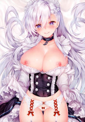 Rule 34 | 1girl, absurdres, azur lane, belfast (azur lane), breasts, buttons, cameltoe, collar, dress, elbow gloves, frilled dress, frills, garter belt, garter straps, gloves, highres, large breasts, long hair, looking at viewer, maid headdress, nipples, obiwan, panties, parted lips, purple eyes, ribbon, scan, side-tie panties, silver hair, smile, solo, underwear, white gloves