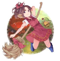 Rule 34 | 1girl, back, bare arms, bare legs, blue eyes, bow, broom, colored eyelashes, curly hair, dutch angle, elf, eyelashes, facing viewer, forehead, from behind, full body, gnome (seiken densetsu), hair ribbon, highres, holding, holding broom, hood, hood down, jack-o&#039;-lantern, kneepits, legend of mana, lisa (lom), long legs, looking at viewer, looking back, pointy ears, pumpkin, purple bow, purple eyes, purple hair, ribbon, seiken densetsu, simple background, sketch, smile, solo, solo focus, sparkle, standing, tattoo, tsubakimura, white background, widow&#039;s peak