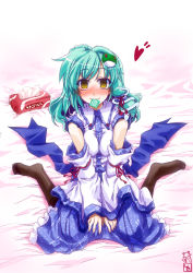 Rule 34 | 1girl, absurdres, black pantyhose, blush, condom, condom in mouth, detached sleeves, empty eyes, face, female focus, frog, green hair, hair ornament, highres, kochiya sanae, mouth hold, pantyhose, solo, takana shinno, tissue, tissue box, touhou, yellow eyes