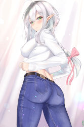Rule 34 | 1girl, ass, belt, blush, bow, braid, breasts, closed mouth, covered erect nipples, denim, elf, green eyes, hair between eyes, hair bow, hair ornament, highres, jeans, large breasts, long hair, looking at viewer, looking back, muka tsuku, nail polish, original, pants, pointy ears, revision, silver hair, smile, solo, sweater