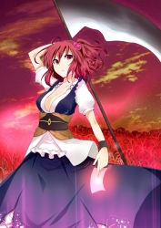 Rule 34 | 1girl, asa (coco), bad id, bad pixiv id, breasts, cleavage, coco (pixiv), dress, female focus, hair bobbles, hair ornament, large breasts, onozuka komachi, red eyes, red hair, scythe, short hair, side ponytail, solo, touhou, wristband