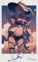 Rule 34 | 1girl, :o, absurdres, angelfish, arknights, arms up, bare shoulders, belt, belt buckle, black choker, black shorts, blush, breasts, buckle, character name, choker, cleavage, cloud, collarbone, dated, eyewear on head, fish, flower, gluteal fold, gradient sky, grey hair, hands on headwear, hat, highres, large breasts, long hair, looking at viewer, navel, official alternate costume, orange-tinted eyewear, parted lips, red eyes, sanmu, shirt, short shorts, shorts, skadi (arknights), skadi (waverider) (arknights), sky, solo, stomach, sunglasses, thigh strap, timestamp, tinted eyewear, tropical fish, very long hair, white flower, white hat, white shirt