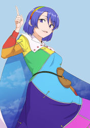 Rule 34 | 1girl, bag, blue background, blue eyes, blue hair, cape, hairband, highres, index finger raised, kakone, long sleeves, looking at viewer, multicolored clothes, multicolored hairband, one-hour drawing challenge, open mouth, short hair, simple background, solo, standing, star (symbol), star print, tenkyuu chimata, touhou