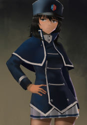 Rule 34 | 10s, 1girl, adapted uniform, andou (girls und panzer), bad id, bad pixiv id, bc freedom (emblem), bc freedom military uniform, black hair, blue capelet, blue hat, blue jacket, brown eyes, buttons, capelet, closed mouth, commentary, cowboy shot, dark-skinned female, dark skin, double-breasted, dress shirt, dress uniform, emblem, frown, furukawa herzer, girls und panzer, hand on own hip, hat, high collar, highres, jacket, long sleeves, looking at viewer, medium hair, messy hair, military, military hat, military uniform, miniskirt, pleated skirt, shako cap, shirt, single horizontal stripe, skirt, solo, uniform, white shirt, white skirt