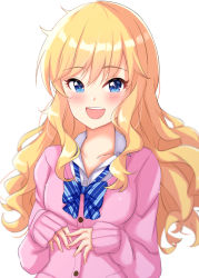 Rule 34 | 1girl, blonde hair, blue bow, blue eyes, blush, bow, bowtie, breasts, collarbone, commentary request, idolmaster, idolmaster cinderella girls, idolmaster cinderella girls starlight stage, long hair, looking at viewer, medium breasts, namidako, ohtsuki yui, open mouth, shirt, simple background, smile, solo, striped bow, striped bowtie, striped clothes, teeth, upper teeth only, wavy hair, white background, white shirt