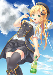 Rule 34 | 1girl, absurdres, ahoge, amane mafuyu (artist), black thighhighs, blonde hair, blue sky, boots, bottle, breasts, cloud, contrail, day, food, gradient background, green eyes, hat, highres, holding, holding bottle, kapatarou, long hair, looking at viewer, mafuyun, open mouth, original, popsicle, short sleeves, shorts, sky, sleeves rolled up, soft drink, solo, teeth, thighhighs, tongue