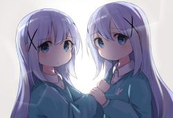 Rule 34 | 2girls, :&lt;, backlighting, blue eyes, blue hair, blush, closed mouth, collared shirt, commentary request, dress shirt, dual persona, gochuumon wa usagi desu ka?, gradient background, grey background, hair between eyes, hair ornament, holding another&#039;s wrist, houjichaoic, kafuu chino, long hair, long sleeves, looking at viewer, multiple girls, puffy long sleeves, puffy sleeves, shirt, upper body, white background, white shirt, x hair ornament