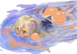 Rule 34 | 10s, 1girl, armadillo-tokage, ass, bad id, bad twitter id, blonde hair, blue eyes, blush, collarbone, crop top, flower, hair flower, hair ornament, hibiscus, kantai collection, long hair, mouth under water, one-piece swimsuit, partially submerged, ro-500 (kancolle), sailor collar, school swimsuit, shirt, sleeveless, sleeveless shirt, solo, swimming, swimsuit, tan, tanline, torpedo, water, wedgie, wet, wet clothes